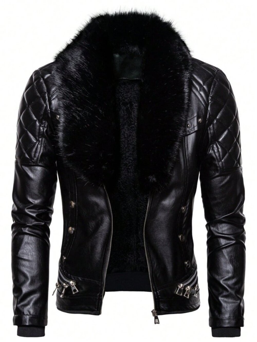 Black Casual Men's High Street Button Zipper Collar Faux Leather Jacket